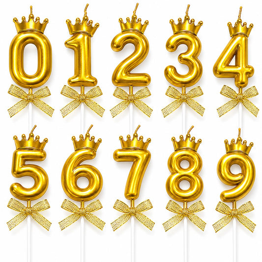 RKH CART Royal Golden Number Crown Candle 0-9 with Crown ON Head | Crown Topper Design, Metallic Gold Finish, Decorative Ribbon Bow, Pick-Style Base,...