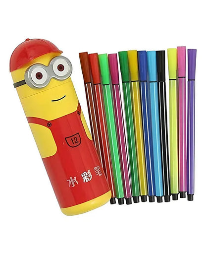 Cute Minions Cartoon Character Sketch Pens Box With 12 Colored Pens for KidsCute Minions Cartoon Character