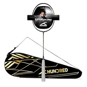 Hundred Nitrix Pro Badminton Racket | Carbon Fibre Frame | Lightweight | Max Tension 32 lbs | Flexible Shaft | Balanced Head-Heavy Design | All-Round & Attack Play | Full Cover Included