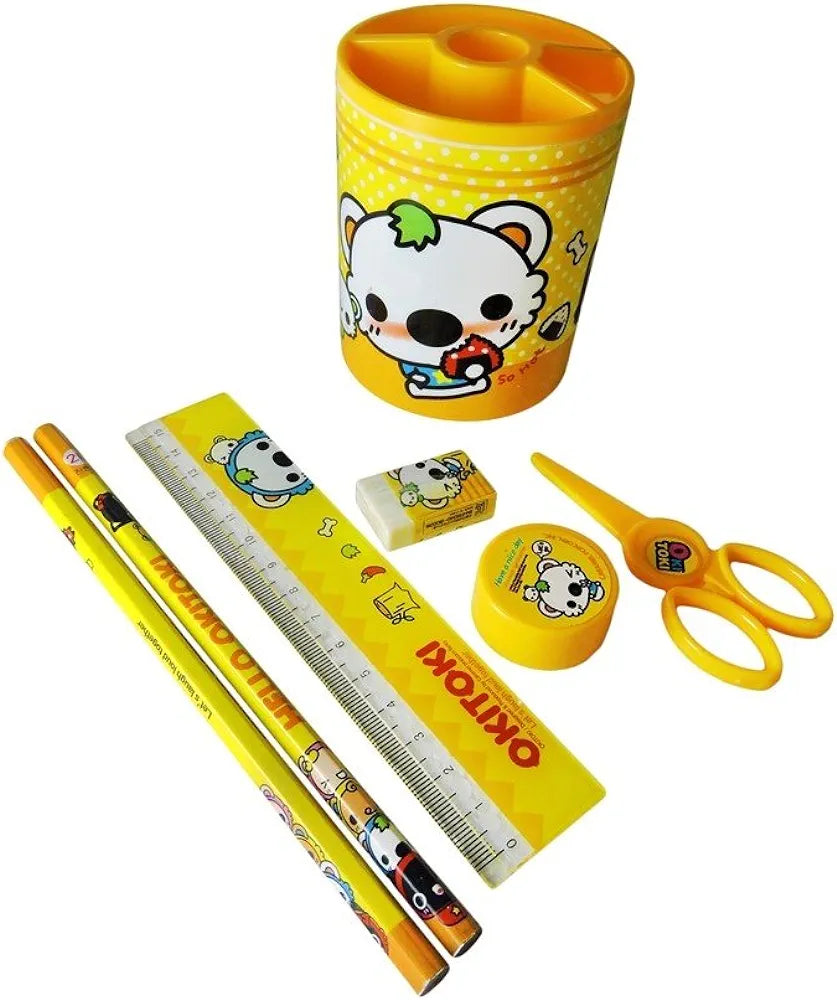 Set-of 6-One Set Includes Pen Stand,2 Pencils,Rubber,Sharpner,Paper Scissor,Scale