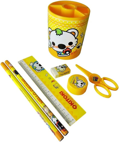 Set-of 6-One Set Includes Pen Stand,2 Pencils,Rubber,Sharpner,Paper Scissor,Scale