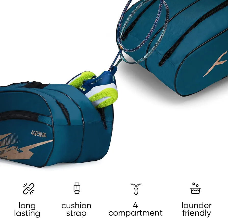 Hundred Cosmogear Badminton Kit-Bag (Teal Green)|Double Zipper|Bag with Front Zipper Pocket