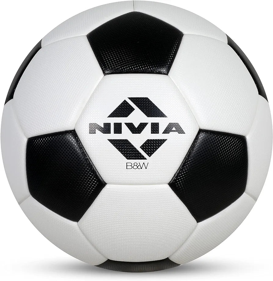 Nivia Football, B & W Football, PU Football, 32 Panel Soft & Wet Ground, Hard Ground, International Match Ball, Suitable for Men & Women Size -5, Colour- Black & White.