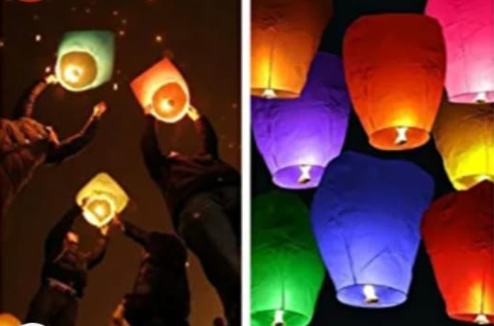 Paper Flying Sky Lantern Hot Air Balloon with Fuel Wax Candle (Assorted Colour) - Pack of 10