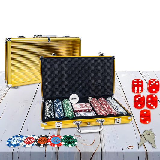 WISHKEY Golden Casino Style Poker Set, 300 Pcs Ceramic Printed Denomination Chips with Lockable Aluminum Finish Case 2 Decks of Cards 5 Dice 1 Dealer Button 2 Keys Classic Multiplayer Game, 14+ Years