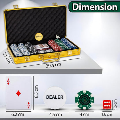 WISHKEY Golden Casino Style Poker Set, 300 Pcs Ceramic Printed Denomination Chips with Lockable Aluminum Finish Case 2 Decks of Cards 5 Dice 1 Dealer Button 2 Keys Classic Multiplayer Game, 14+ Years