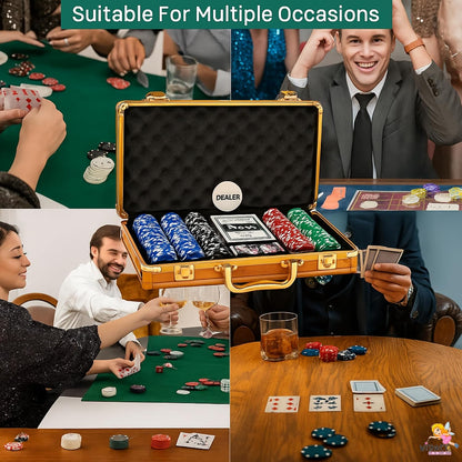 WISHKEY Golden Casino Style Poker Set, 300 Pcs Ceramic Printed Denomination Chips with Lockable Aluminum Finish Case 2 Decks of Cards 5 Dice 1 Dealer Button 2 Keys Classic Multiplayer Game, 14+ Years