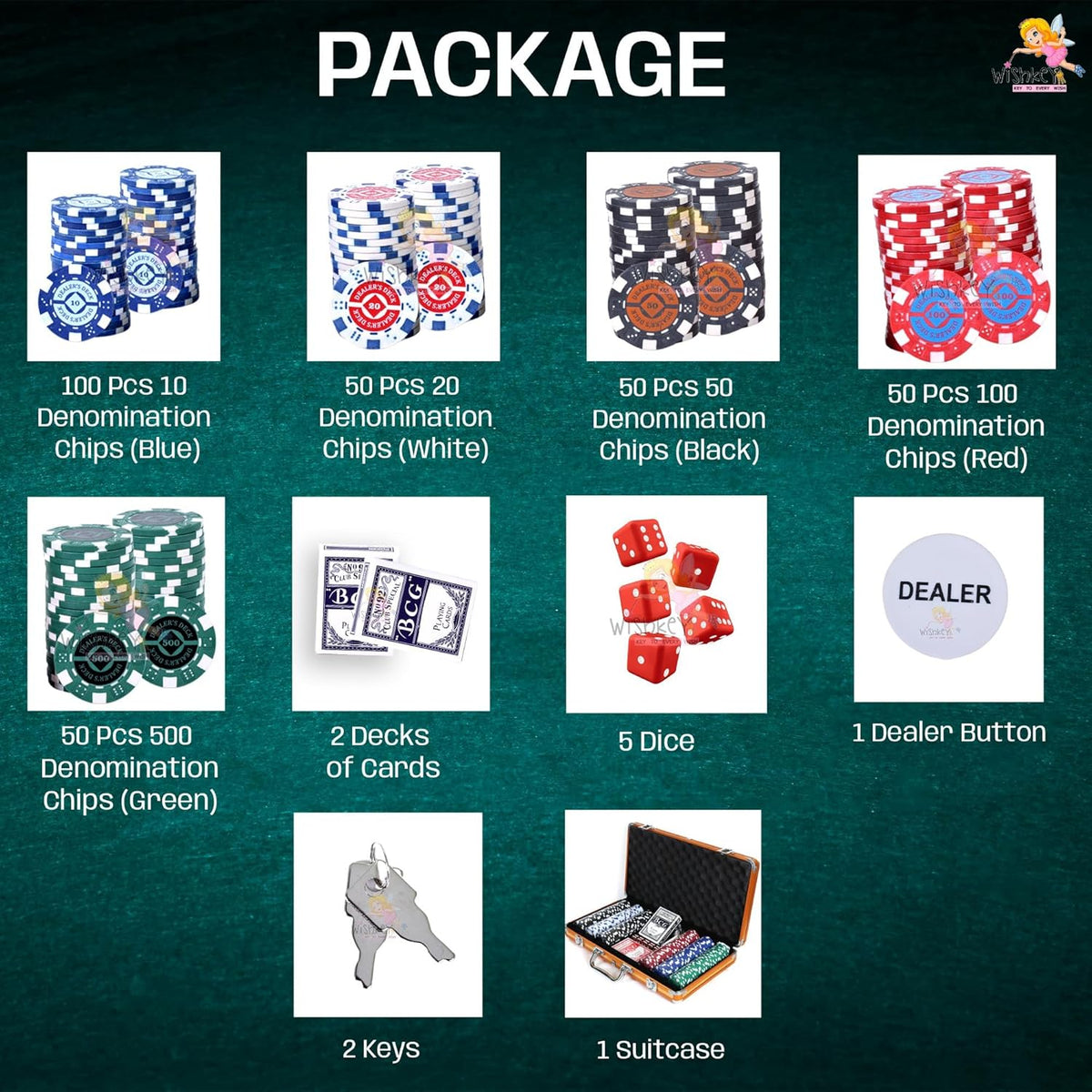 WISHKEY Golden Casino Style Poker Set, 300 Pcs Ceramic Printed Denomination Chips with Lockable Aluminum Finish Case 2 Decks of Cards 5 Dice 1 Dealer Button 2 Keys Classic Multiplayer Game, 14+ Years
