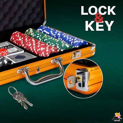 WISHKEY Golden Casino Style Poker Set, 300 Pcs Ceramic Printed Denomination Chips with Lockable Aluminum Finish Case 2 Decks of Cards 5 Dice 1 Dealer Button 2 Keys Classic Multiplayer Game, 14+ Years