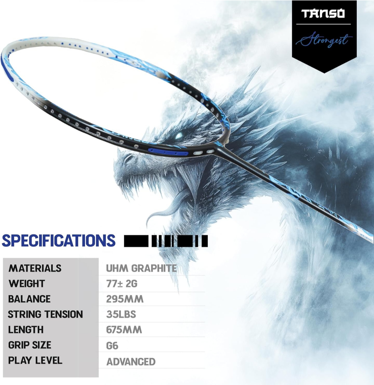 TANSO  wildfire Graphite or black ice Ultra Light Weight Carbon Fibre Strung Badminton Racket (35 Lbs Tension, 6.5mm ultra slim shaft, 77 Grams, Strung with premium strings and full racquet cover) (Defensive)