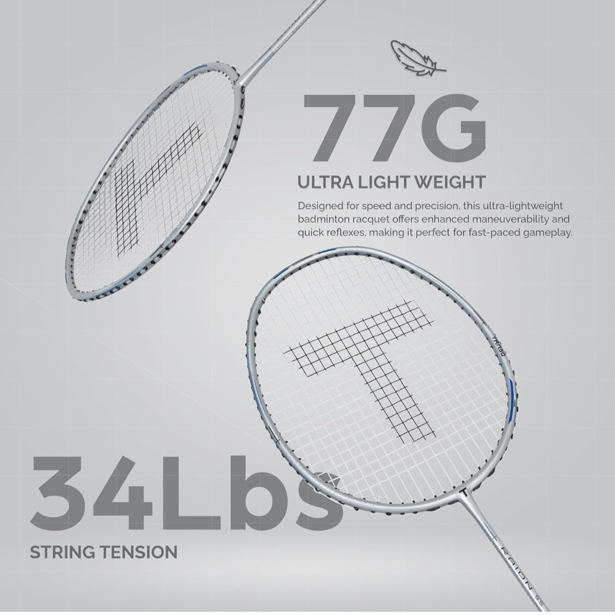 TANSO Raion SS Strung Badminton Racket (34 Lbs Tension, Recommended by Padukone School of Badminton, 77 Grams Ultra Light Weight Full Carbon Fiber with Premium Strings and Full Racquet Cover)