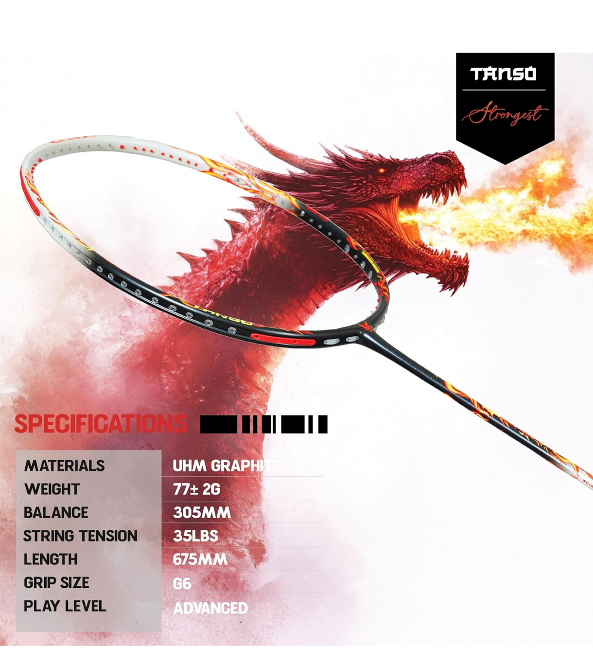 TANSO  wildfire Graphite or black ice Ultra Light Weight Carbon Fibre Strung Badminton Racket (35 Lbs Tension, 6.5mm ultra slim shaft, 77 Grams, Strung with premium strings and full racquet cover) (Defensive)
