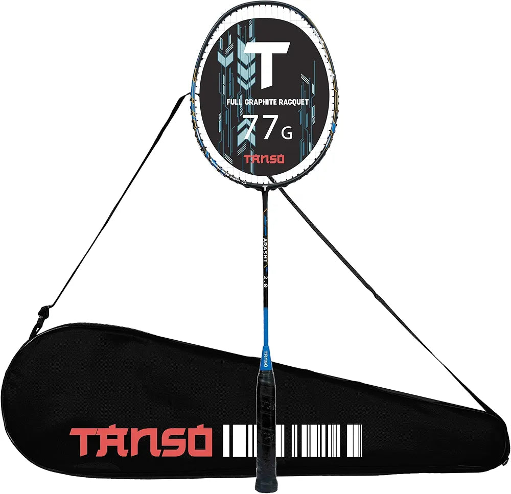 TANSO Arashi 2.0 Full Graphite Ultra Light Weight Carbon Fibre Strung Badminton Racket with Free Full Racquet Cover (77 Grams, 32 Lbs Tension, Strung with Premium Strings) (Blue orange green)